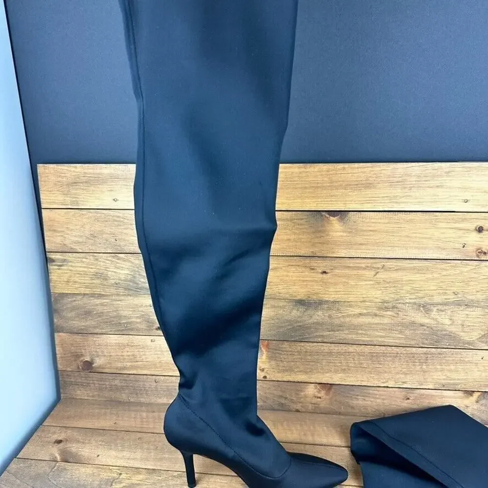 INC Zaliaaf Regal Black Satin Pointed Toe Stiletto Over The Knee Boots 5